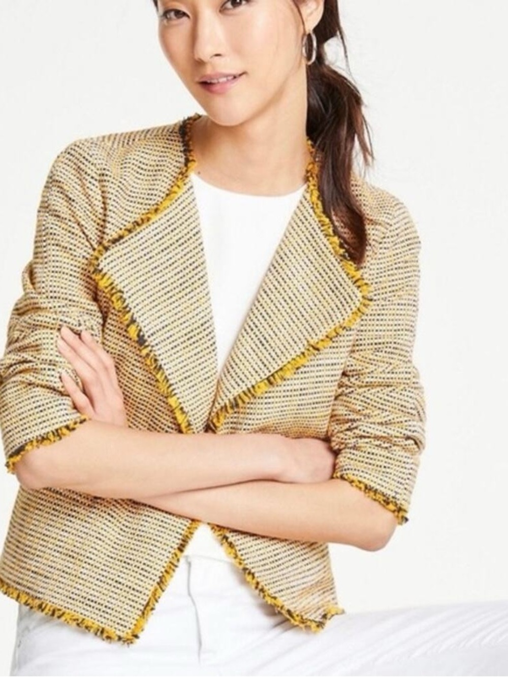 Ann Taylor Yellow and Black Tweed Fringe Open-Front Blazer‎